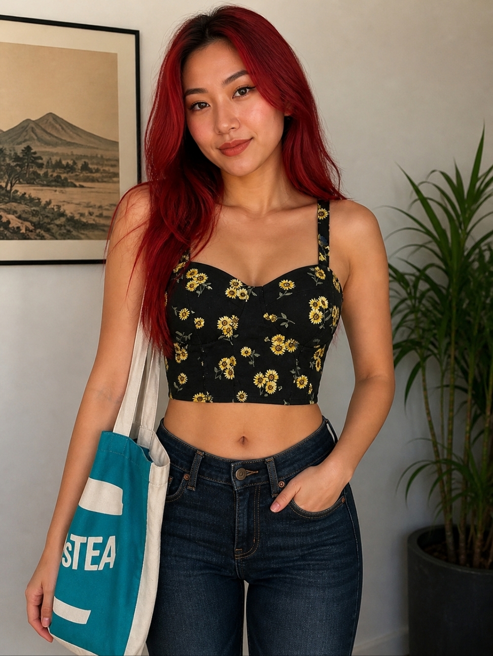 Daisy Print With Back Cutout Crop Top Bikini Top Shirt